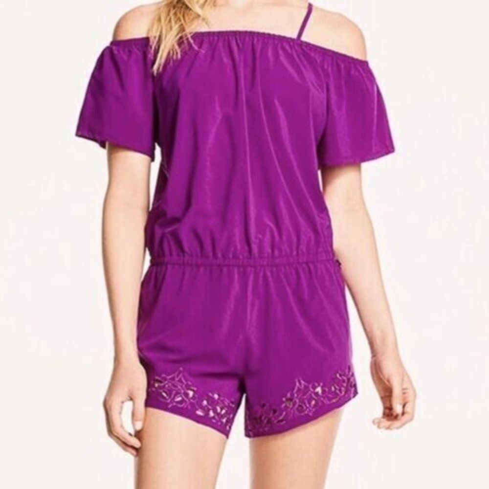Fabletics Prue Tulip Purple Off Shoulder Romper Eyelet Athleisure